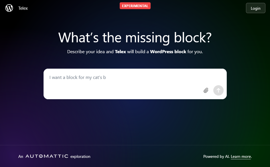 Screenshot Automattic Telex AI Tool zum Erstellen von Gutenberg-Blöcken
